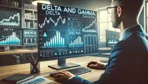 Professional trader analyzing delta and gamma on a computer screen with charts and graphs.