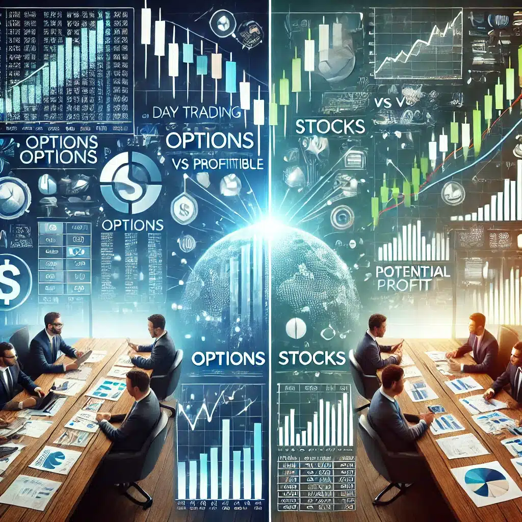 Comparison of day trading options vs stocks with charts, options chains, and profit potential.