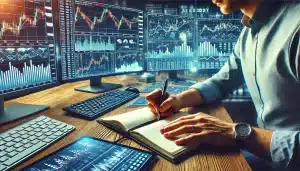 Trader maintaining a trading journal to track and analyze trades.