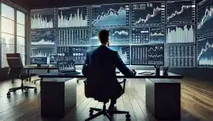 Professional trader working at a modern desk setup with multiple screens displaying charts and financial data.