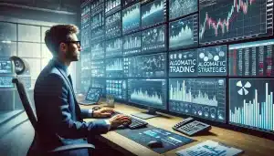 Trader using algorithmic trading strategies with computer algorithms.