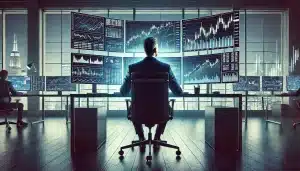 Professional trader working at a modern desk setup with multiple screens displaying advanced trading charts and data.