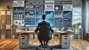 Professional trader at a desk with multiple monitors displaying charts and risk management tools, with the title 'Effective Risk Management Strategies.