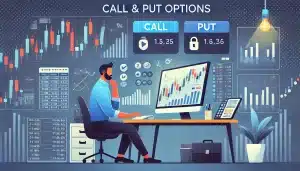 This image illustrates the concept of call and put options with a trader analyzing charts on a computer. It represents the fundamental concepts of options trading, where call options give the right to buy, and put options give the right to sell an underlying asset at a predetermined price.