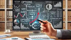 A diagram explaining the working of options with premium, strike price, and expiration date.