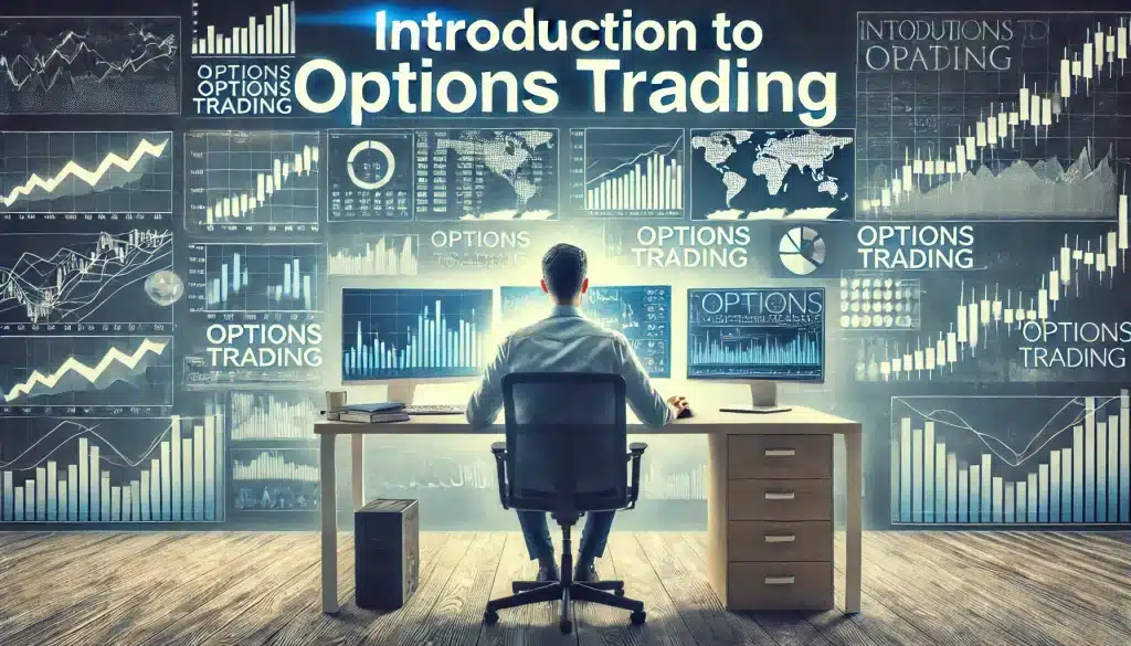 Professional trader at a desk with multiple monitors displaying charts and options trading data, with the title 'Introduction to Options Trading.