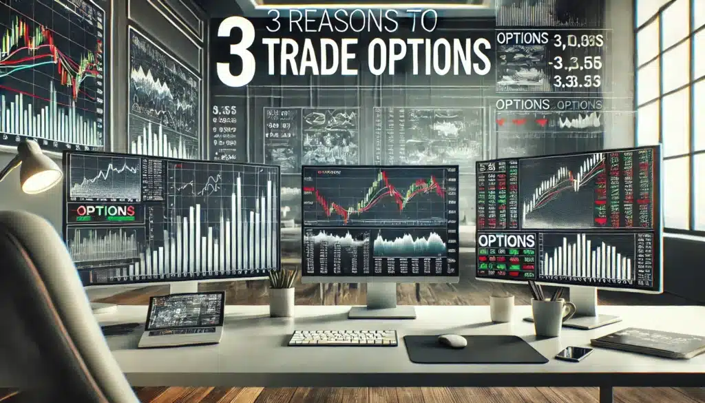 Professional trading workspace with multiple screens displaying stock charts, options data, and financial news, titled "3 Reasons to Trade Options."