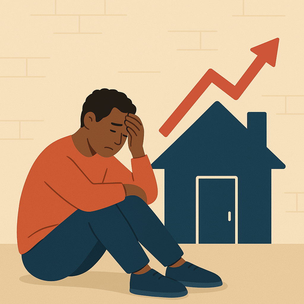 A graphic showing a house with a rising price tag, illustrating the increased cost of homeownership due to tariffs.