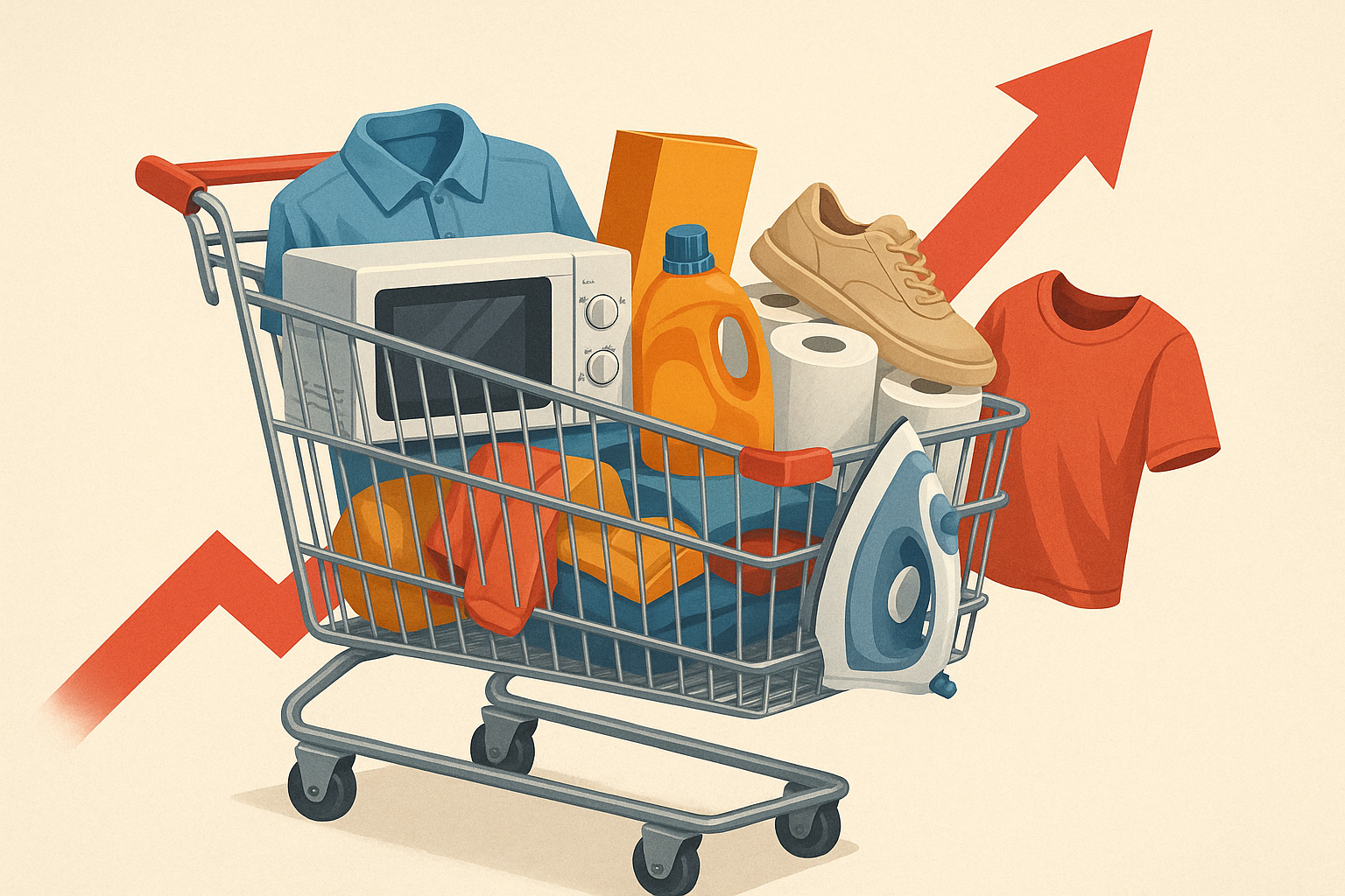 A shopping cart filled with everyday items like appliances, clothing, and groceries, with a large red arrow pointing upwards to signify rising prices due to tariffs.