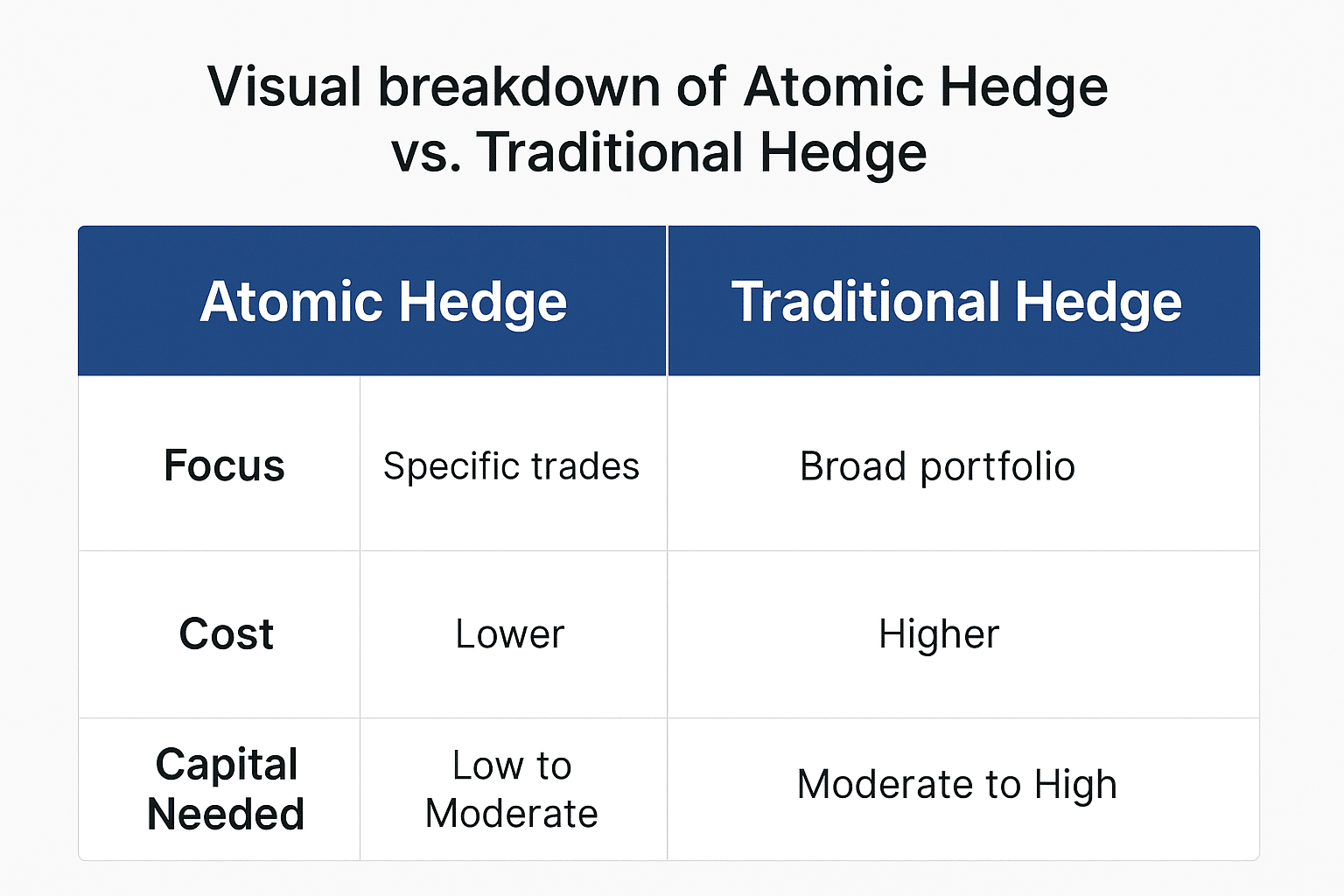 Comparison chart of atomic hedge vs traditional hedge features