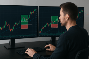 Trader managing risk with multi-screen setup